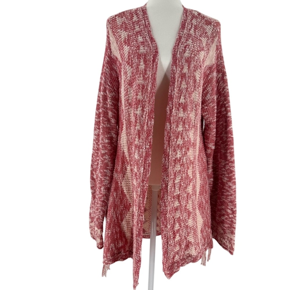 Sundance Open Front Knit Cardigan‎ Sweater Coral Cream Pattern Fringe XL
